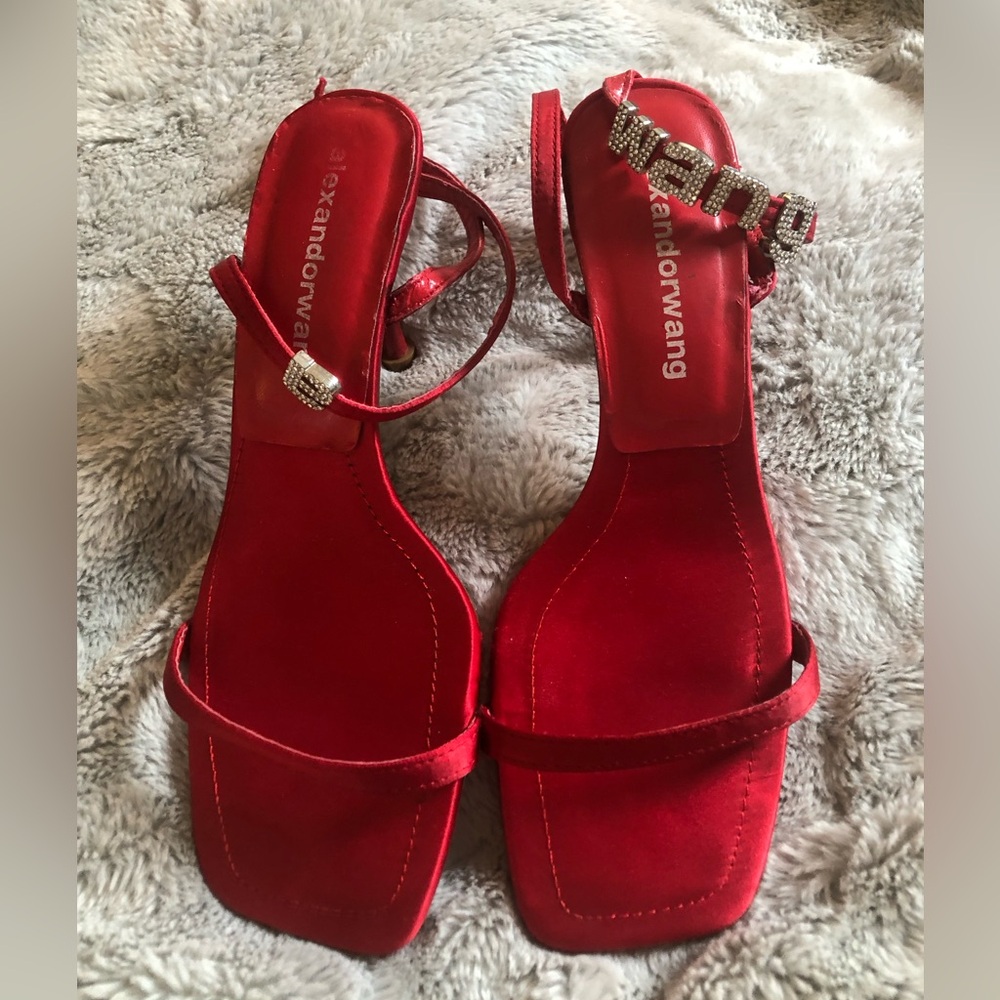 Alexander Wang Red Satin/leather Crystal-Embellished Ankle-Strap Heels